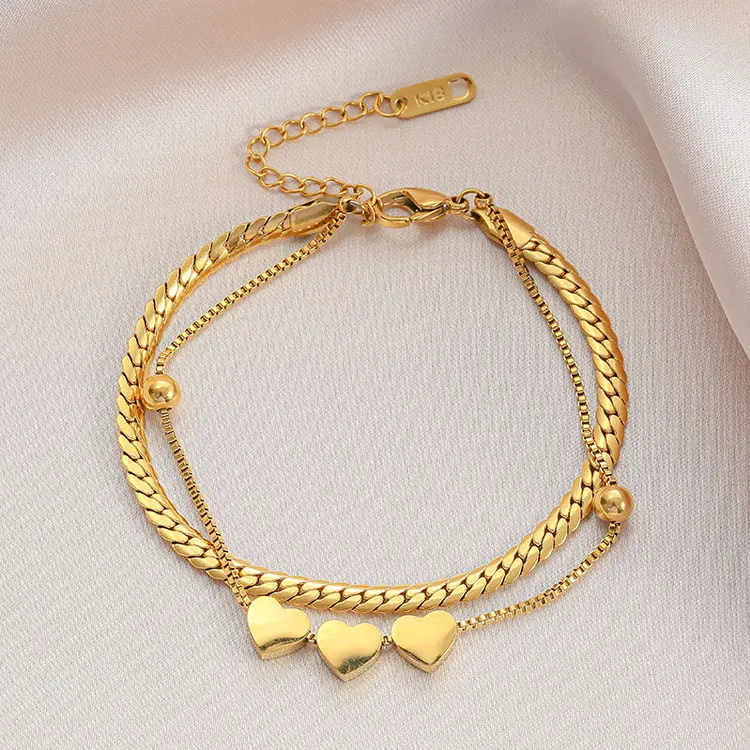 

SC Dainty Box Chain Layered Bracelet High Quality 18K Gold Plated Stainless Steel Heart Beaded Double Layer Bracelet Women