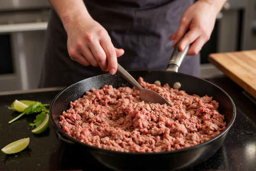 Professional chef browning ground beef and chuck roast in cast iron skillet for chili preparation
