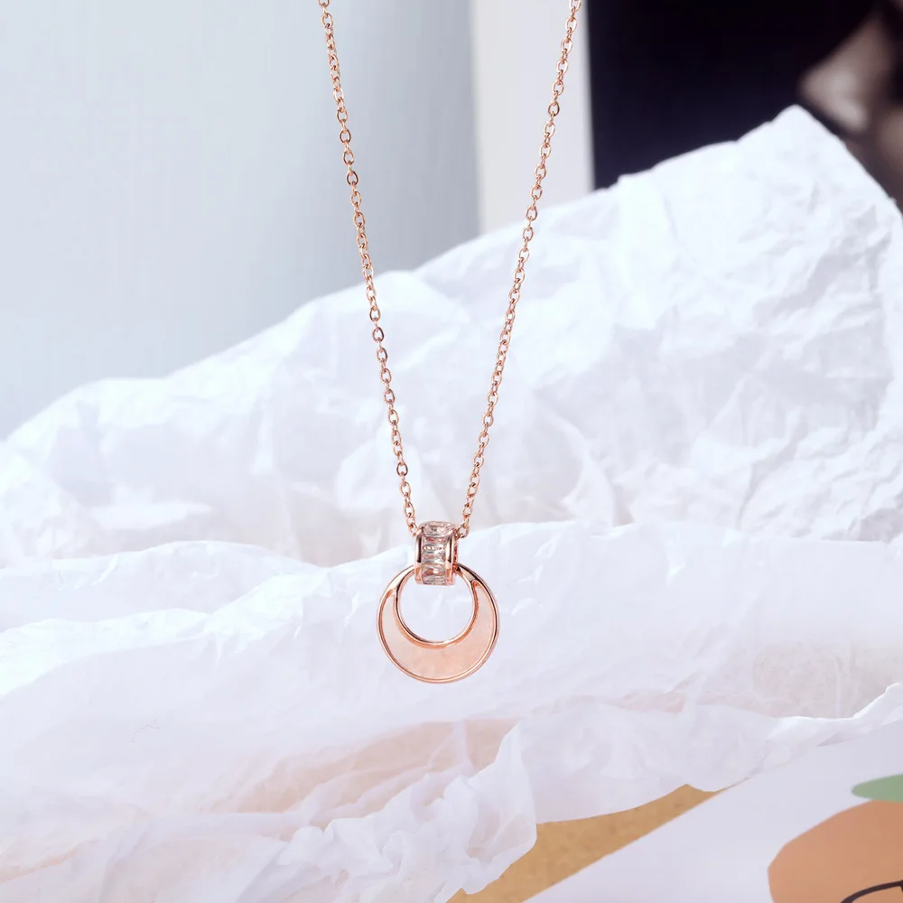 

Minimalist Women Jewelry Rose Gold Stainless Steel Chain Cubic Zirconia Open Circle Pendant Necklace