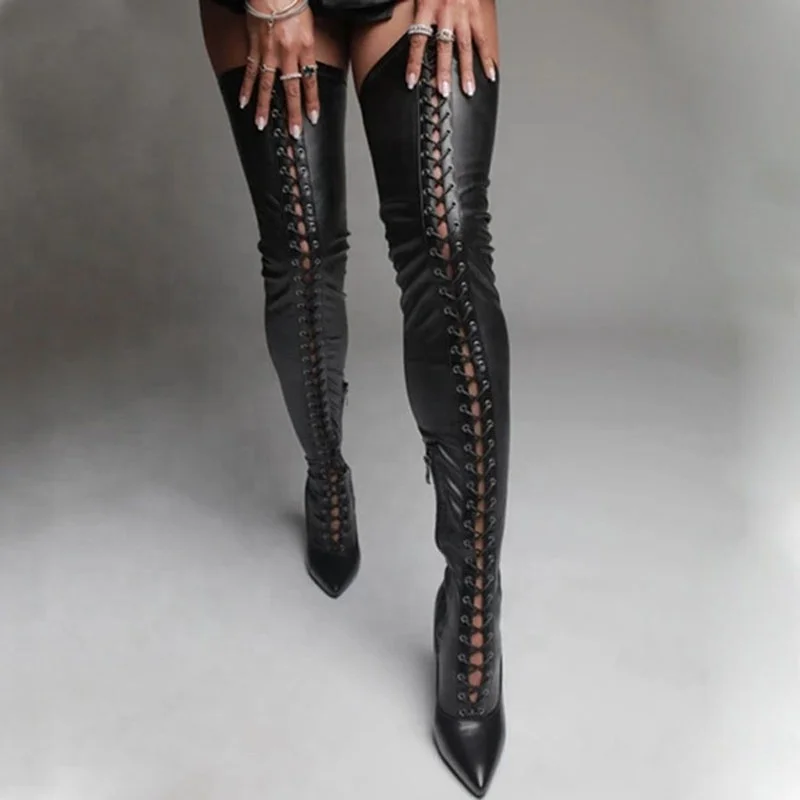 

Sexy Lace-Up Women Over The Knee Boots Stiletto Long Boots Black Thigh High Boots Heels