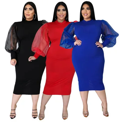 

2021 Fall Women casual clothing solid color mesh lantern sleeve Plus Size Bodycon Dress Women, 3 colors