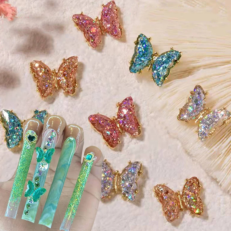 

3D Glitter Aurora Rhinestone Luxury Nail Art Charms Beautiful Girls Gem Designs Nail Butterfly Press On Tips Decoration