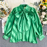 

2020 New style women fashion puff sleeve bowknot satin loose blouse tops