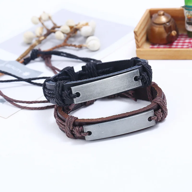 

alloy blank retro personality male punk bracelet men weave rope leather bracelets (KB8264), As picture