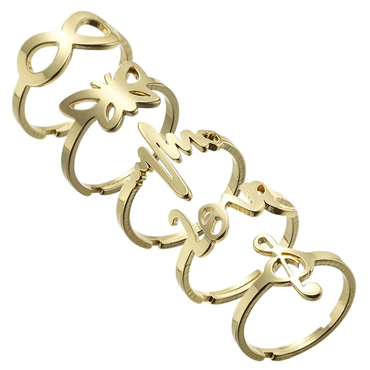 

2021 Wholesale Gold Silver Plated Charm Infinity Heart Butterfly Love Simple Adjustable Open Stainless Steel Rings For Women, Color plated as shown