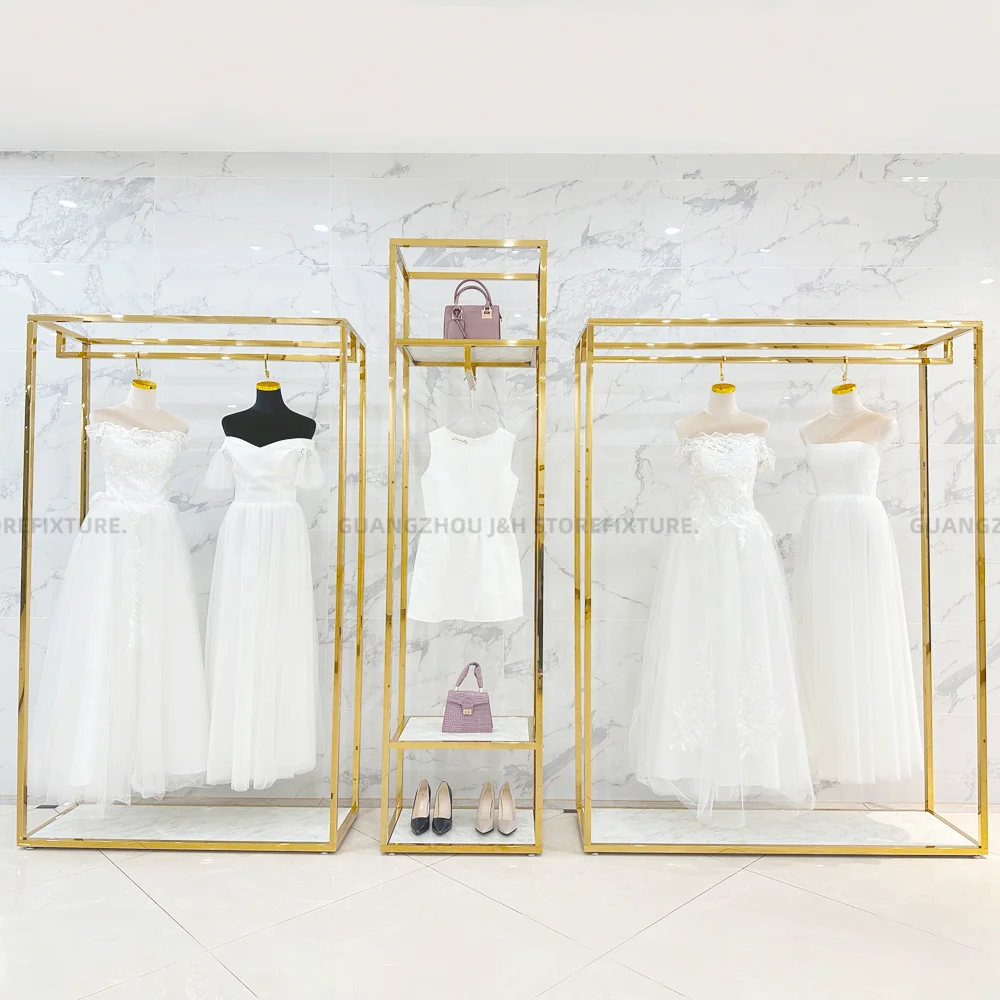 

Boutique Bridal Shop Interior Design Long Gown Gold Display Rack Stainless Steel Wedding Dress Hanging Display Stand