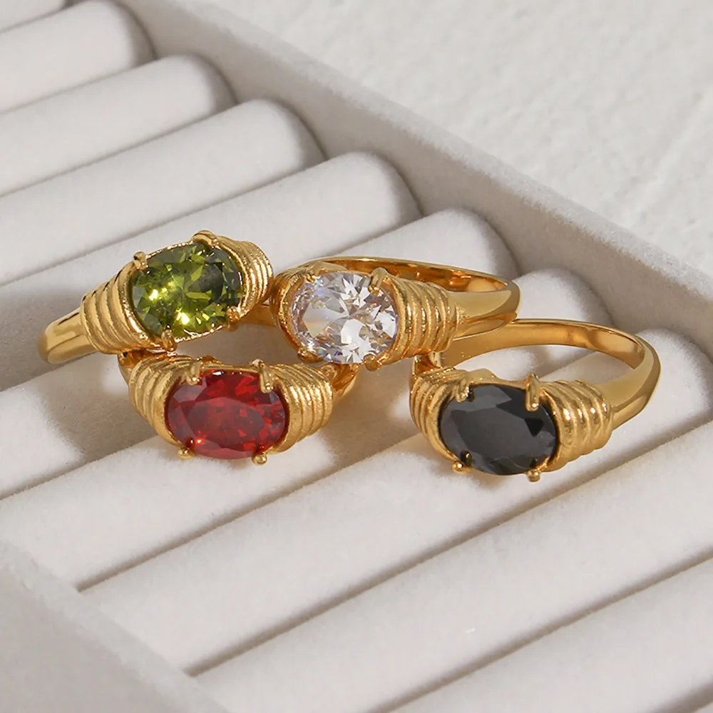 Drop Ship Tarnish Free Luxury Big Zircon Ring Colorful 18K Gold Plated Stainless Steel Statement Ring