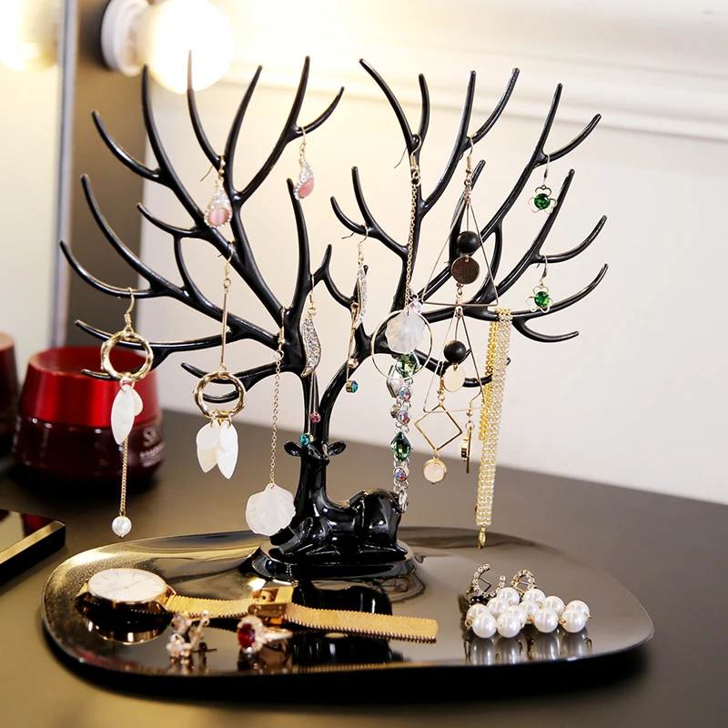 

Little Deer Earrings Necklace Ring Pendant Bracelet Jewelry Display Stand Tray Tree Storage Racks Organizer Holder, Black,white,pink