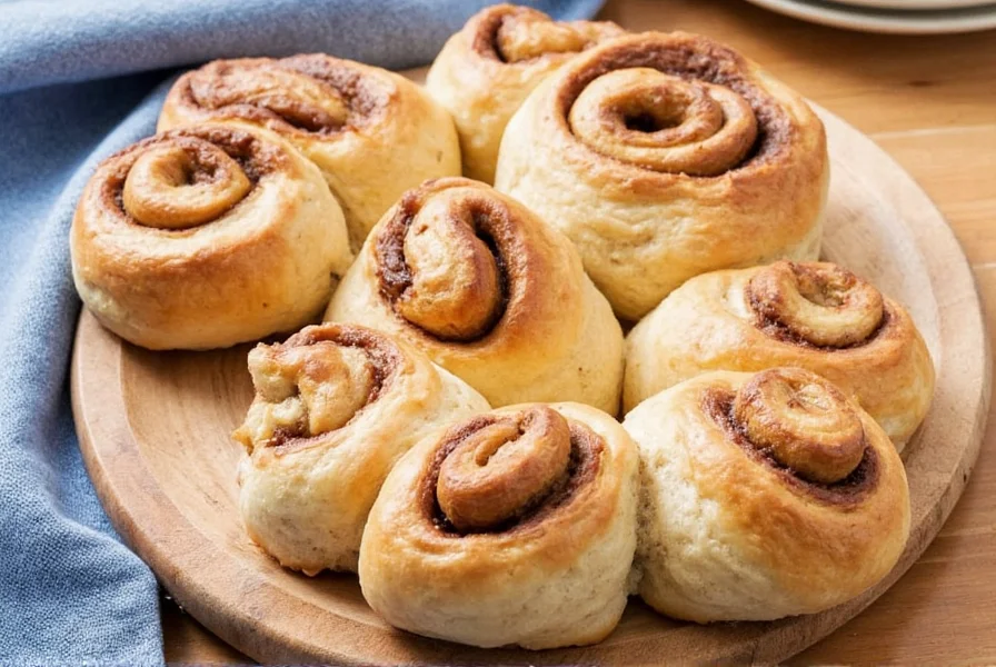 Close-up of traditional Swedish cinnamon buns (kanelbullar) with pearl sugar topping on a wooden plate with coffee cup
