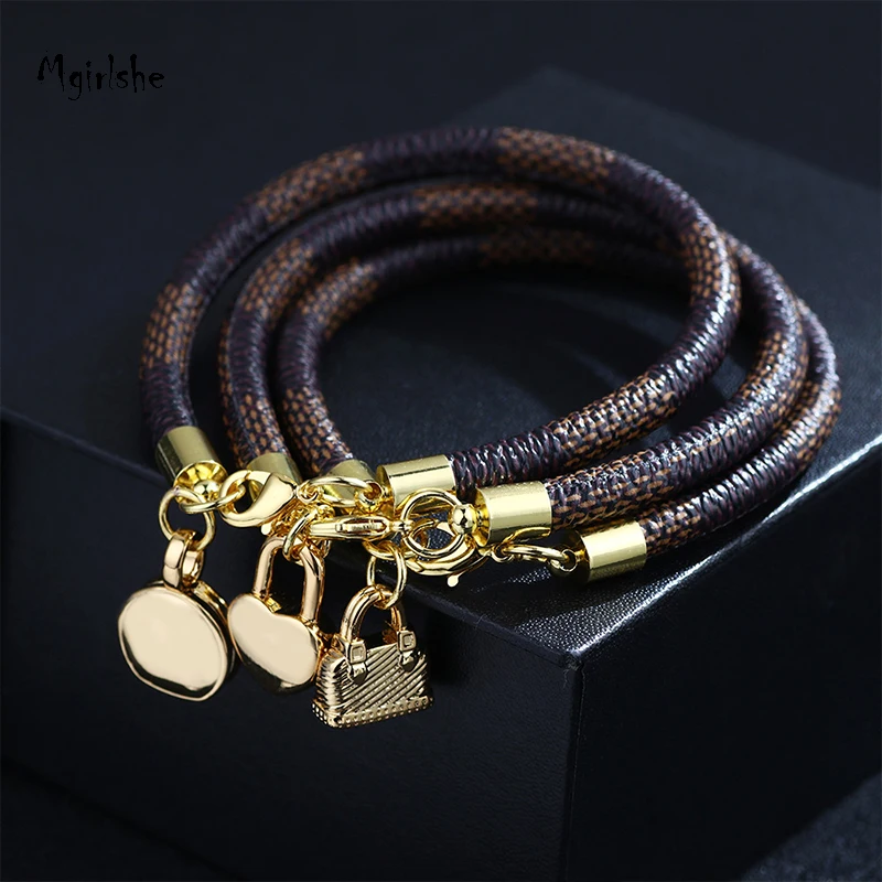 

Mgirlshe Gold Plated Brass Chains For Men Women PU Leather Bracelet Round Lock Bag Bracelet Designer, As picture