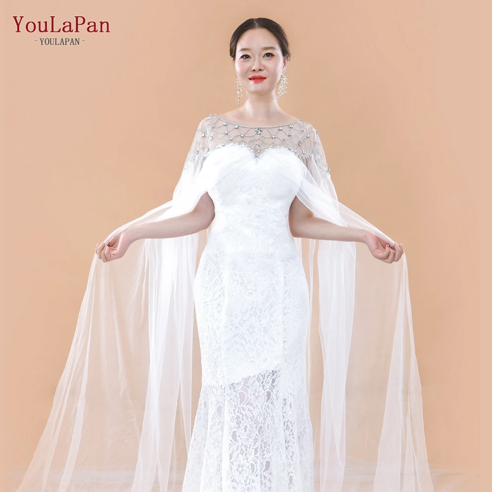 

YouLaPan VG14T Fashion Dress Shawl Accessories, Rhinestone Pearl Sewing Bridal Wedding Dress Long Cape, Ivory