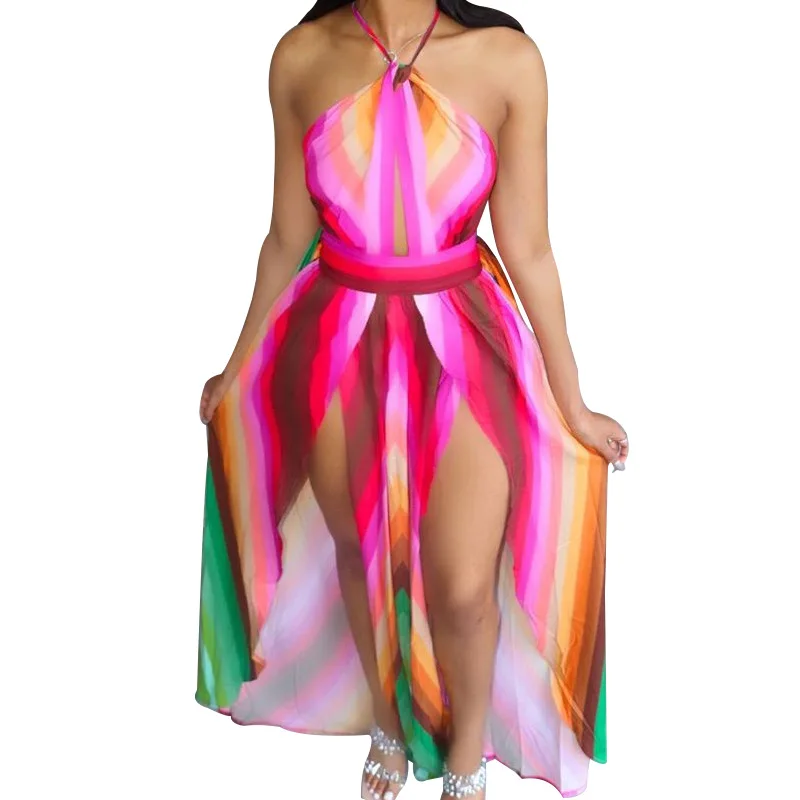 

2021 summer new dress tie dye printing lace up irregular suspender skirt, As pic