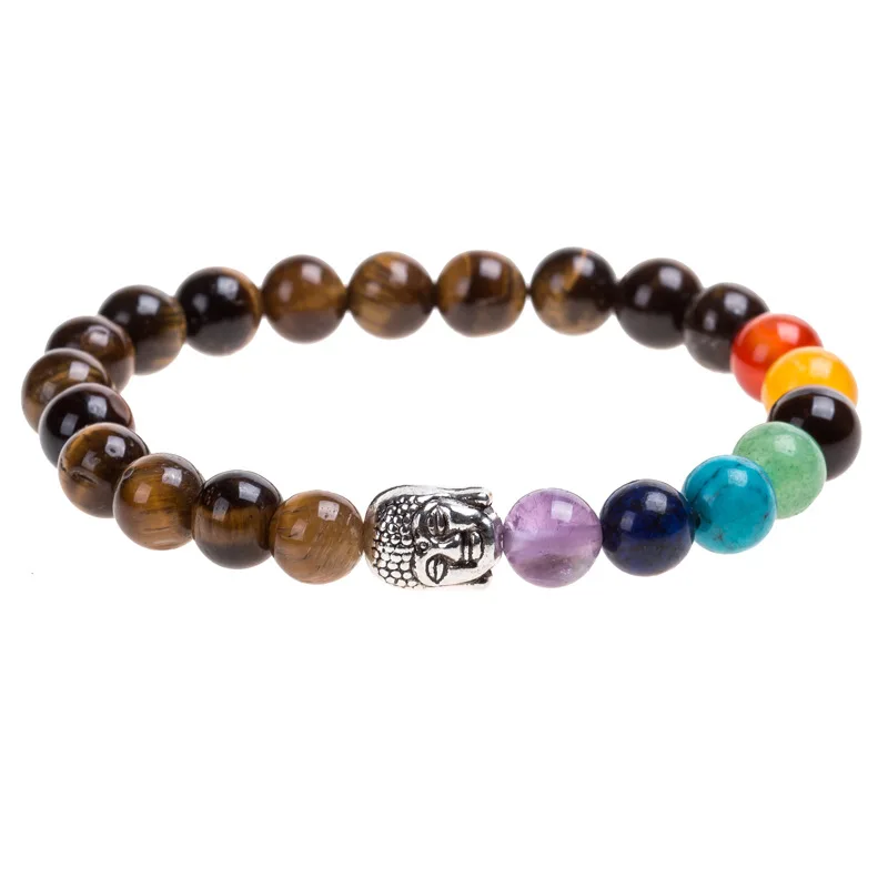 

Hot sale of colorful Yoga energy bracelet natural stone colored agate beads Buddha head bracelet, As pic