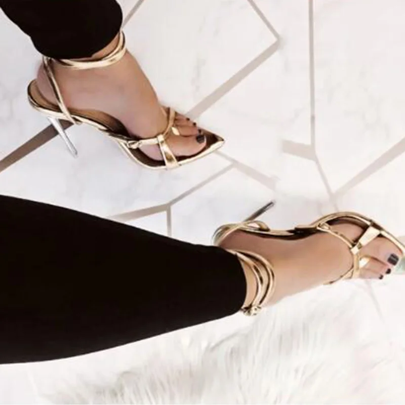 

DEleventh Shoes Woman Hot Selling PU Leather Snakeskin Fashion Heels Sandals Pointy Toe Stiletto High Heels Shoes Gold In Stock