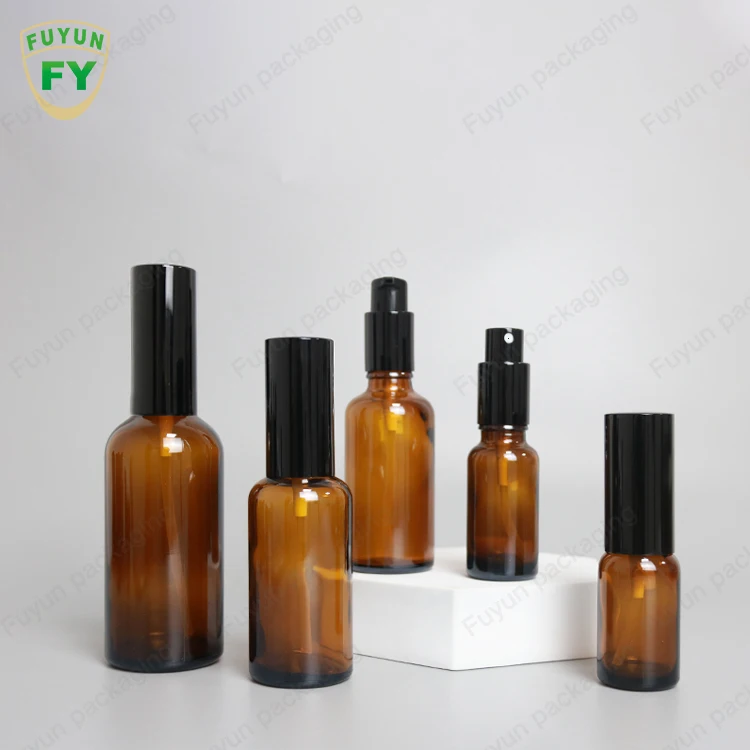 

5ml 10ml 15ml 20ml 25ml 30ml 40ml 50ml 100ml Multi capacity shiny amber color glass lotion spray bottle with black cap