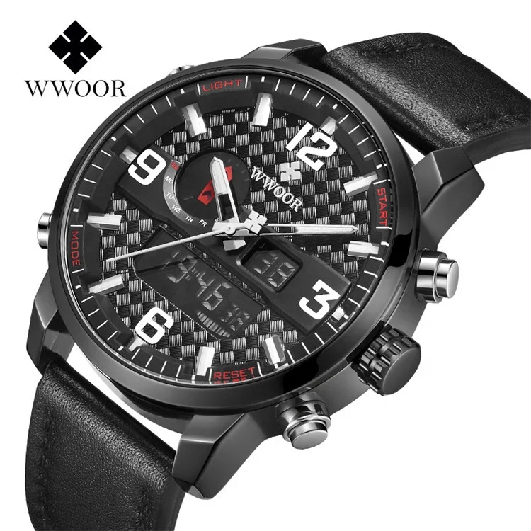 

WWOOR 8859 Dual Display Mens Watches Leather Sports Quartz Watches LED Digital Military Wrist Watch Clock Gift Dropshipping