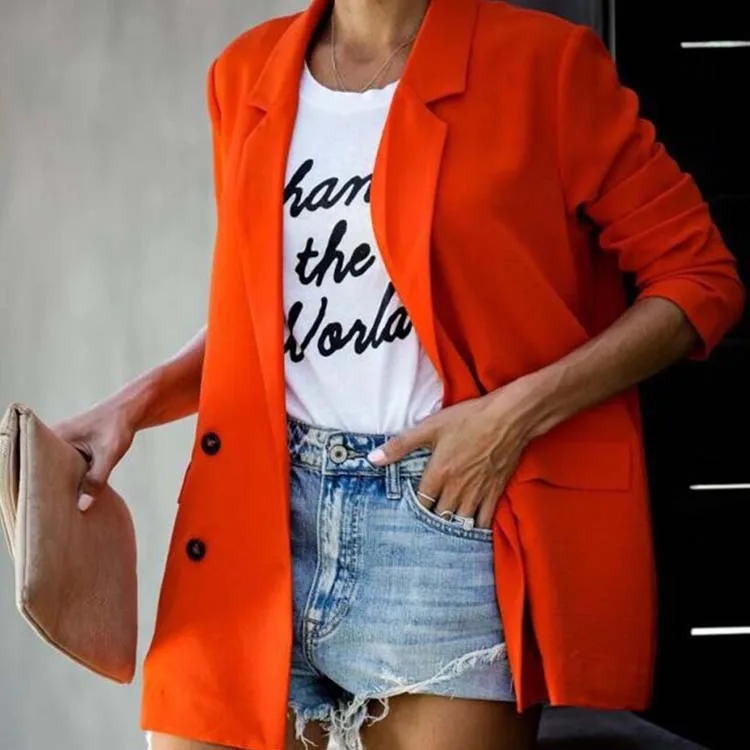 

2021 Trendy Fashion Custom Logo Minimalist Pure Color Long Sleeve Pockets Women Ladies Blazer Femme