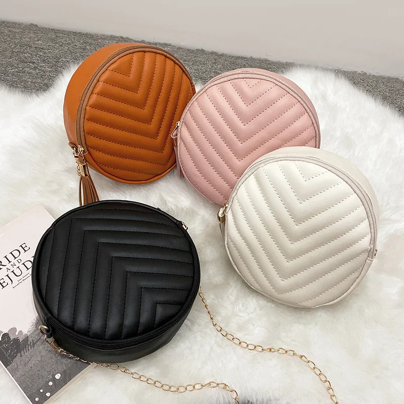 

Fashion PU Leather Women Crossbody Shoulder Bag Circle Popular Small Messenger Bags With Chain Tassel, Picture color