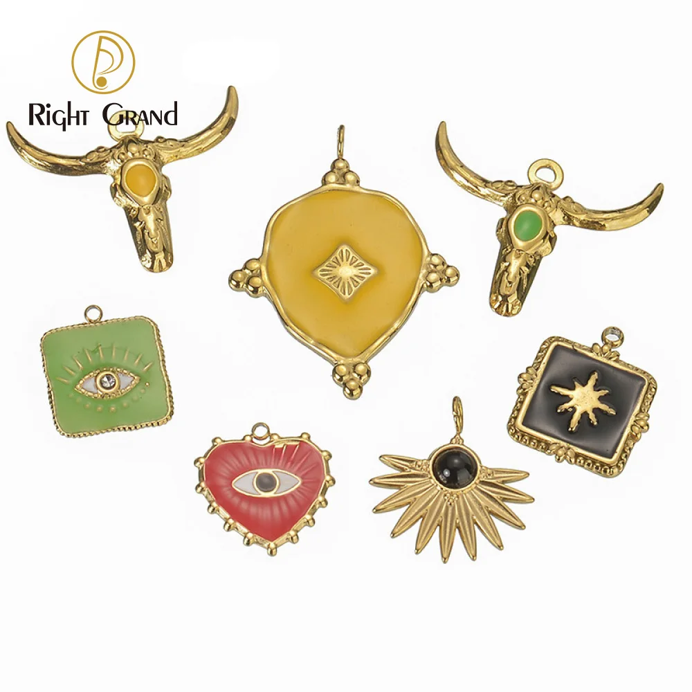 

Wholesale Dainty Stainless Steel Drop Oil Enamel Devil Eye Ox Tau Kok 14k Gold Plated Necklace Pendants Charms