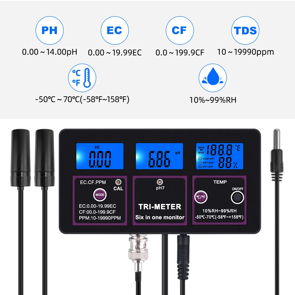 6 en 1 PH/EC/CF/MV // Temp Meter Détecteur Digital Water Quality LCD Tri-meter 