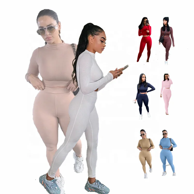 

Hot Sale Autumn Loungewear Long Sleeve Pants Crop Top Suit Women Sexy Breathable 13 Color High Waist Skinny Two Piece Women Sets, In available