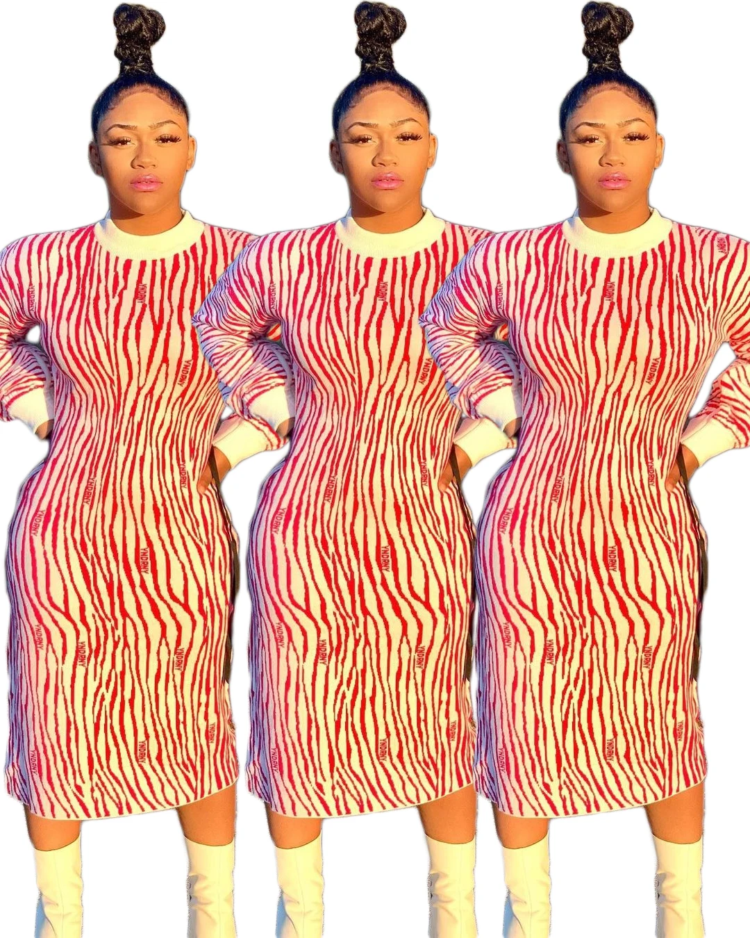 

2021 ladies clothing warm plus size contrast color letter zebra printed long sleeve women casual dresses