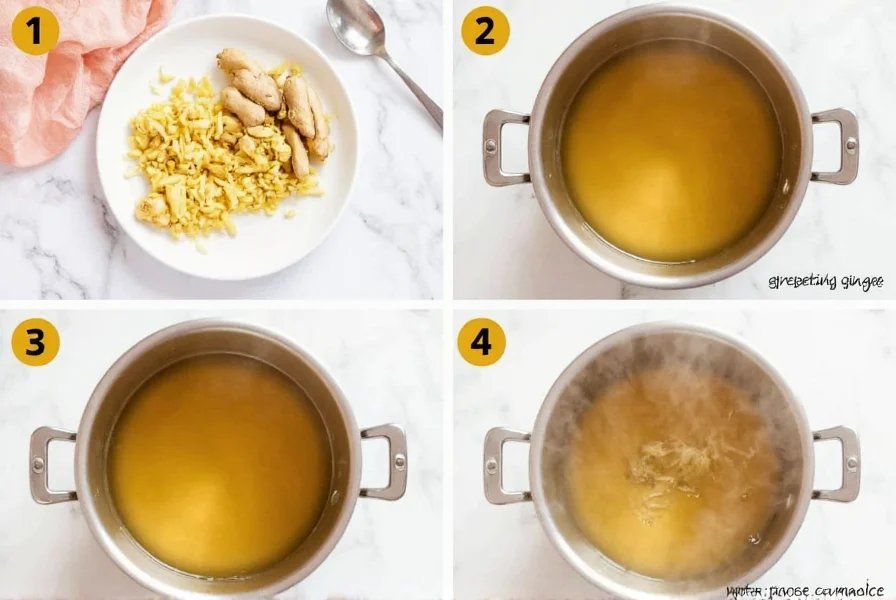Step-by-step ginger tea preparation showing grating fresh ginger, boiling water, and steeping process