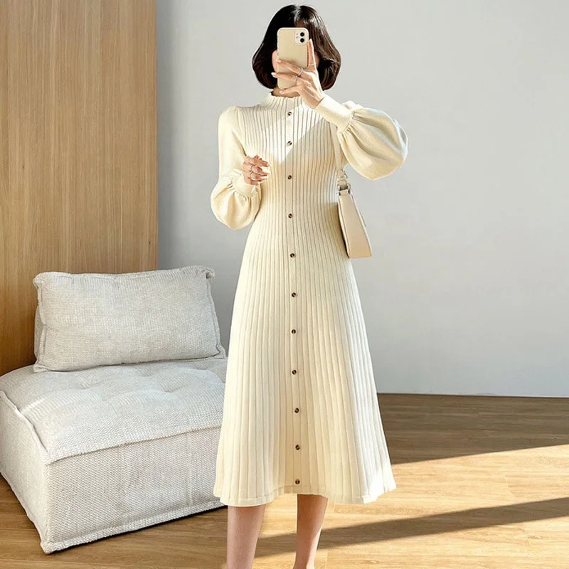 

NEW Women Korean Knitted Dress Turtleneck Elastic Slim High Waist Dresses 2021 Autumn Sexy casual Puff Long Sleeve Sweater