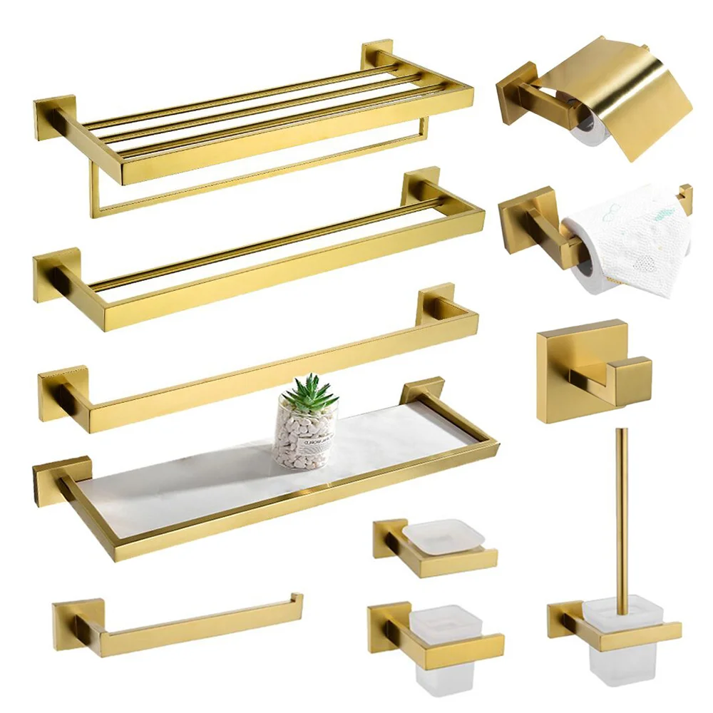 

2021 free collocation bathroom shelves accessories washroom toilet hardware sanitary accessories set, Brushed gold