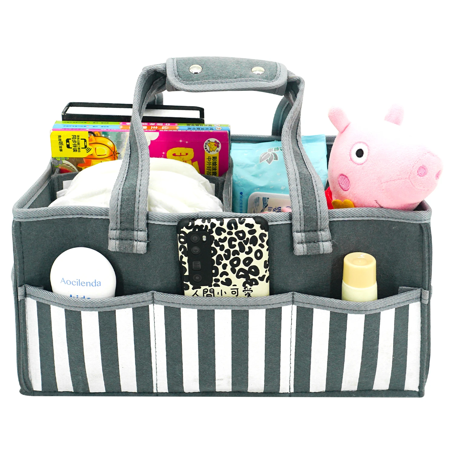 

Baby Diaper Caddy Organizer Portable Nursery Storage Bin Felt Basket with Multi Pockets, Grey+ white, customized