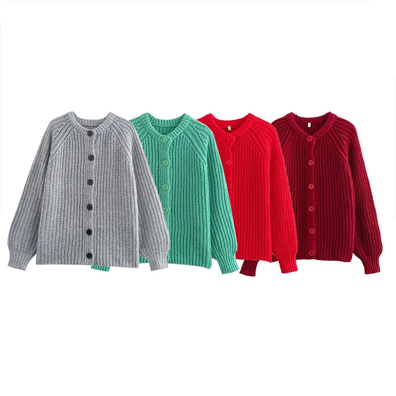 ZATRHMBM 2024 New Fashion Red Knit Sweater Cardigan Vintage  Long Sleeve Single-Breasted Female Sweaters Chic Top