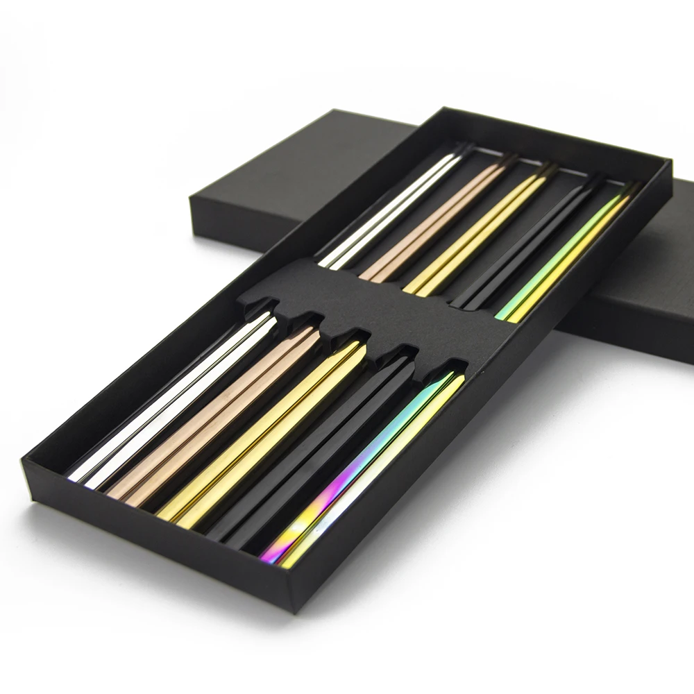 

Fashion Stainless Steel Chopsticks 5pcs Set Colorful 18/10 Custom PVD Sushi Chopstick Gift Set, Silver/gold/rose gold/black
