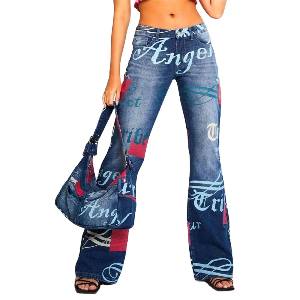 

Fashion print jeans high waist letter wide leg pants women jeans pants
