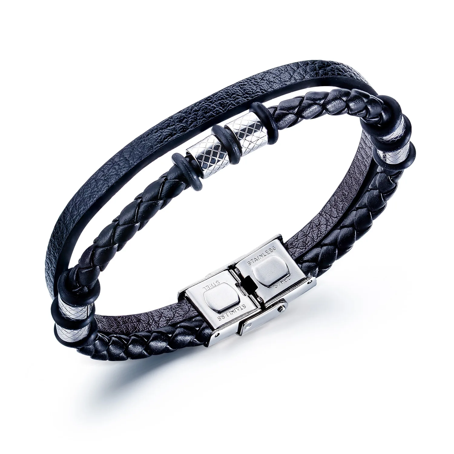 

Dylam Hot Selling Bracelets jewerly 2021 Stainless Steel PU Leather Black Couple Magnet bracelet for Men