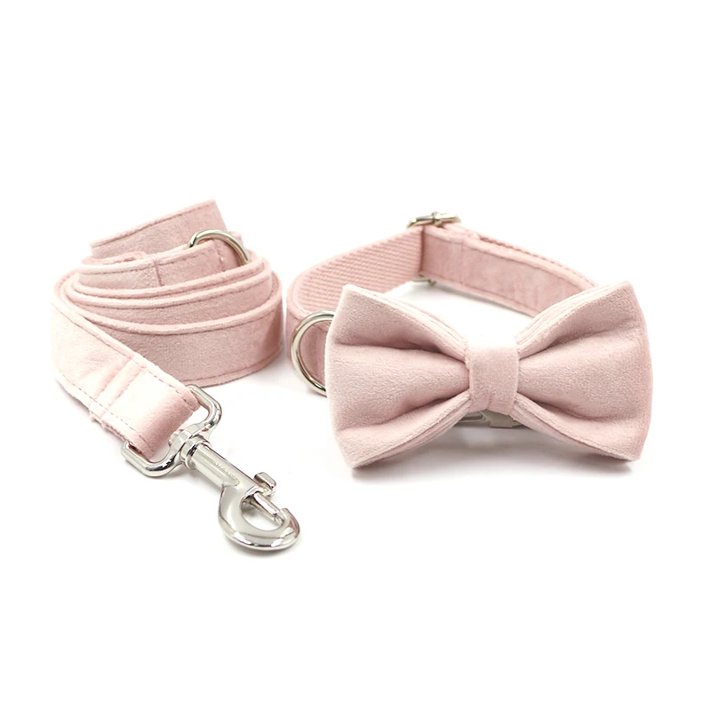 

Factory directly custom eco friendly dog products light pink velvet pet collar leash bow tie matched dog collars luxury, As photo
