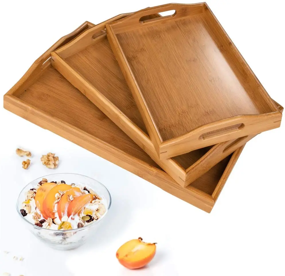 

Bent wooden bamboo Rectangular Shape Serving Trays for Crafts with Cut Out Handles for Snacks Mini Bars Chocolate