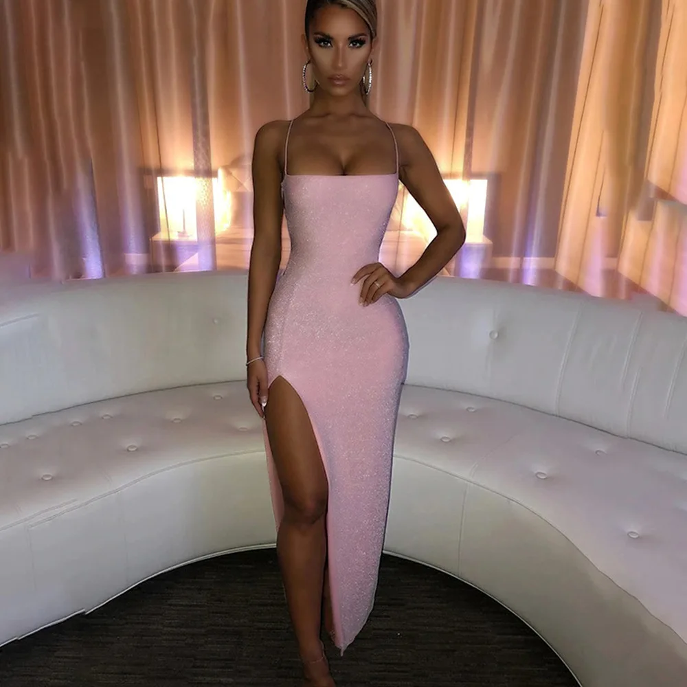 

Hot Sale Maxi Luxury Sequin Evening Party Dress Sexy Bandage Backless Bodycon Shein Nightclub Suspenders Elegant Long Casual Dr, Customized color