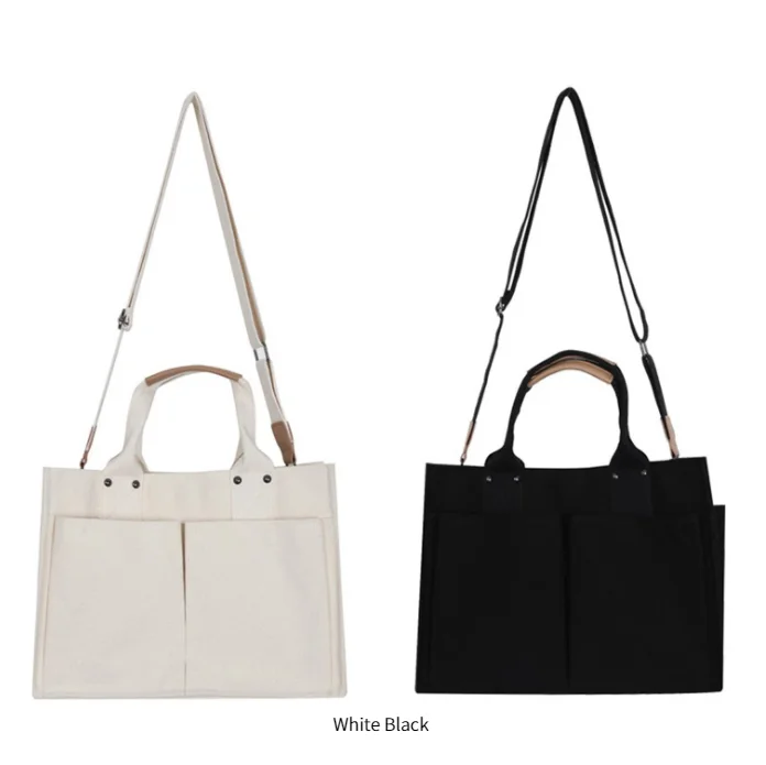 

Black/Ivory Cotton Canvas Cross Body Single Shoulder Bag Multi Pockets Portable Long Detachable Shoulder Strap Canvas Tote Bag