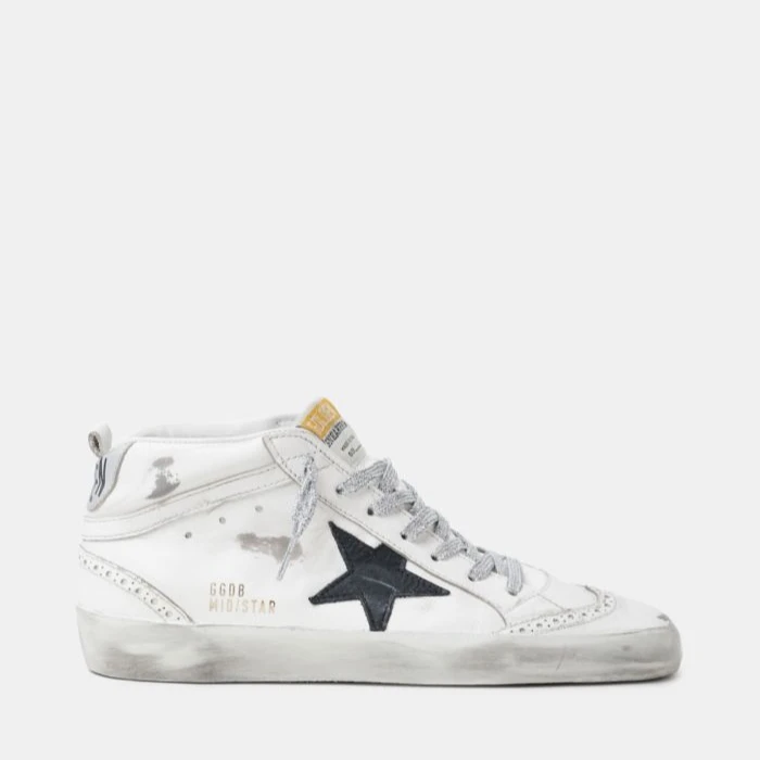

Goldens Mid-Star sneakers with laminated heel tab and glittery laces Gooses Dirty Shoes