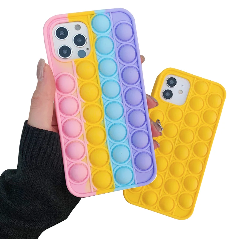 

Wholesale Amazon Hot Suitable For Iphone7-12 Pro Creative Silicone Soft Rainbow Fidget Toy Bubble PoppIts Phone Case