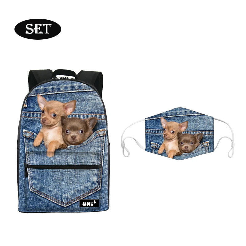 

New Arrive Low Price jeans pocket cute dog printed backpack bag for kids custom design school bags backpacks, Customized