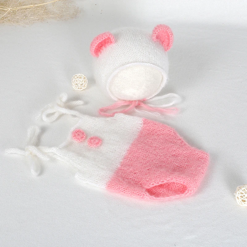 

Peach Pink Newborn Costume Knitted Bear Hat Vintage Sitter Romper Set Newborn Photo Prop Crochet Baby Girl Overalls Bonnet