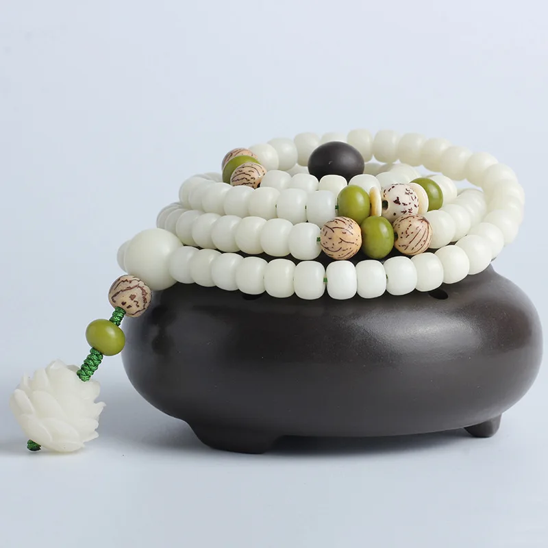 

2021 Weihao Hot Sale White Jade Bodhi Bracelet Root Carved Lotus 108 Prayer Beads Buddha Beaded Bracelet, As picture show