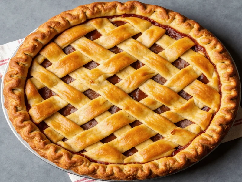 Finished golden brown homemade pie with lattice top