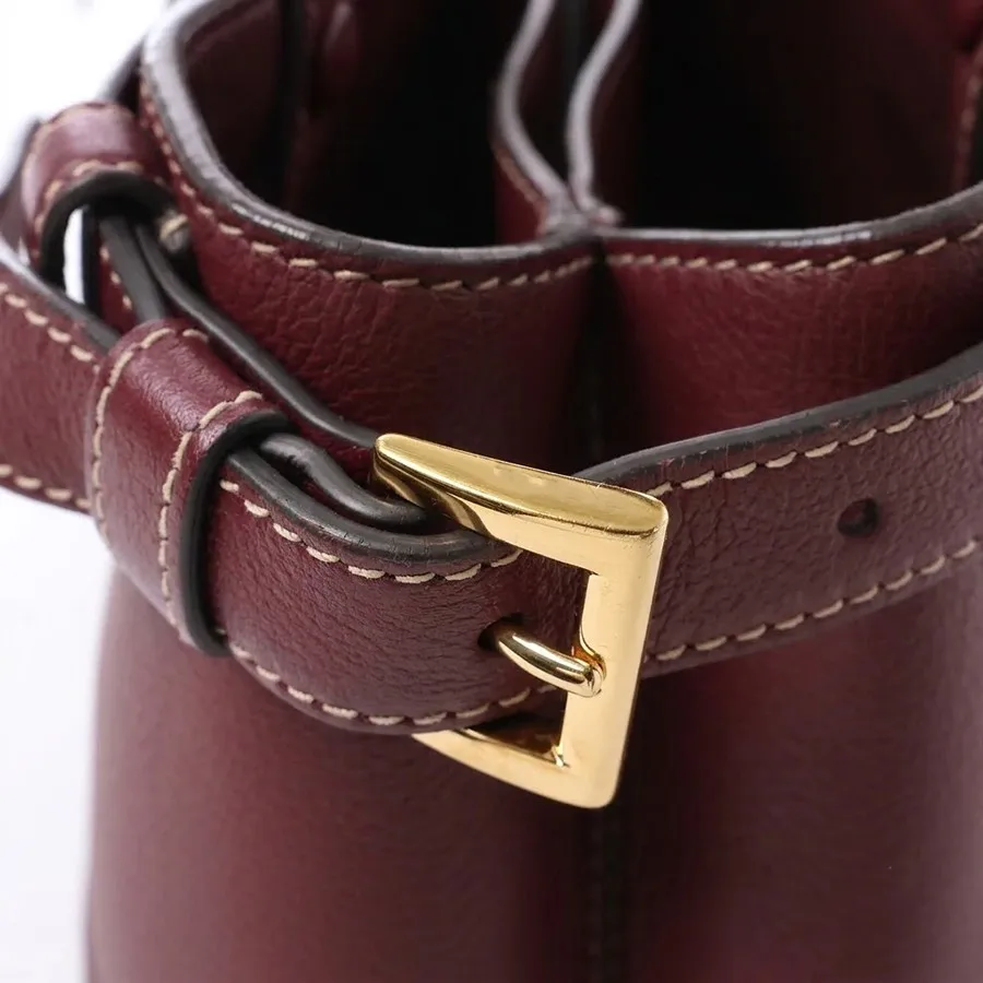 Gold pin buckle detail on burgundy pebbled leather handbag strap