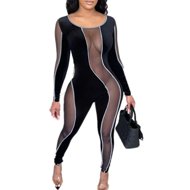 

Wholesale women club wear black mesh transparent bodycon jumpsuit