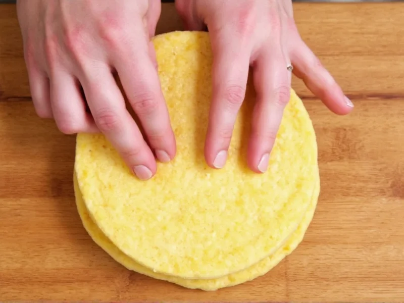 Hand pressing corn tortillas on wooden surface