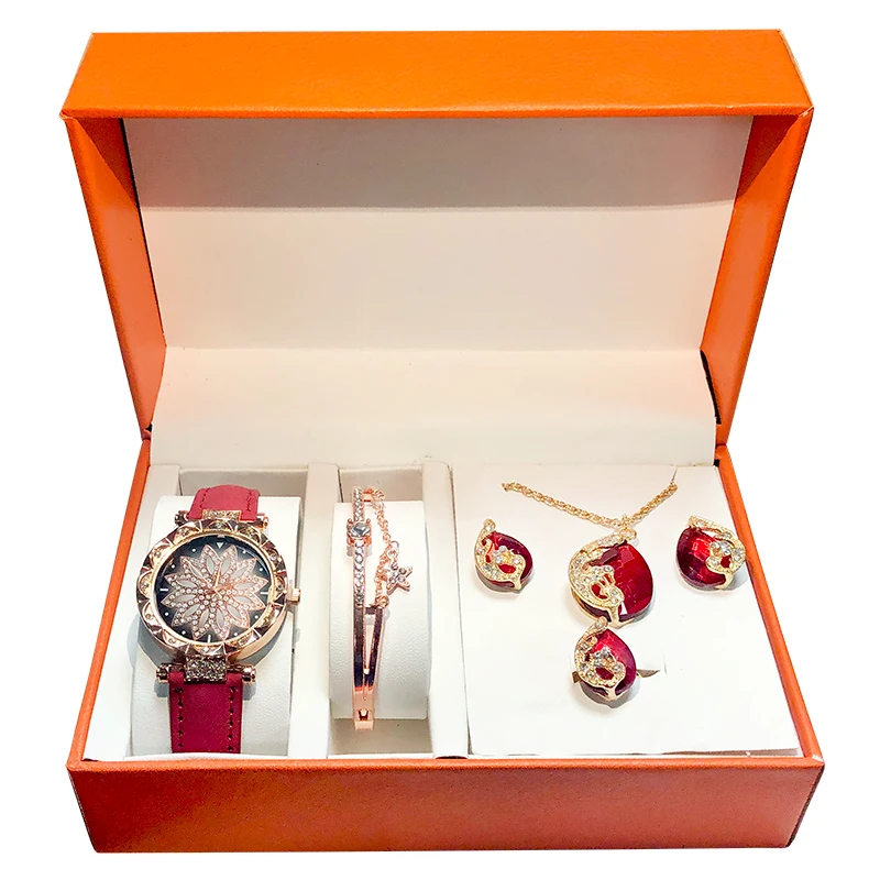 

2021 Ladies Watch Casual Quartz Wristwatch Set Luxury Women Watches Jewelry Crystal Bracelet Stud Earring Necklace Set, Picture shows