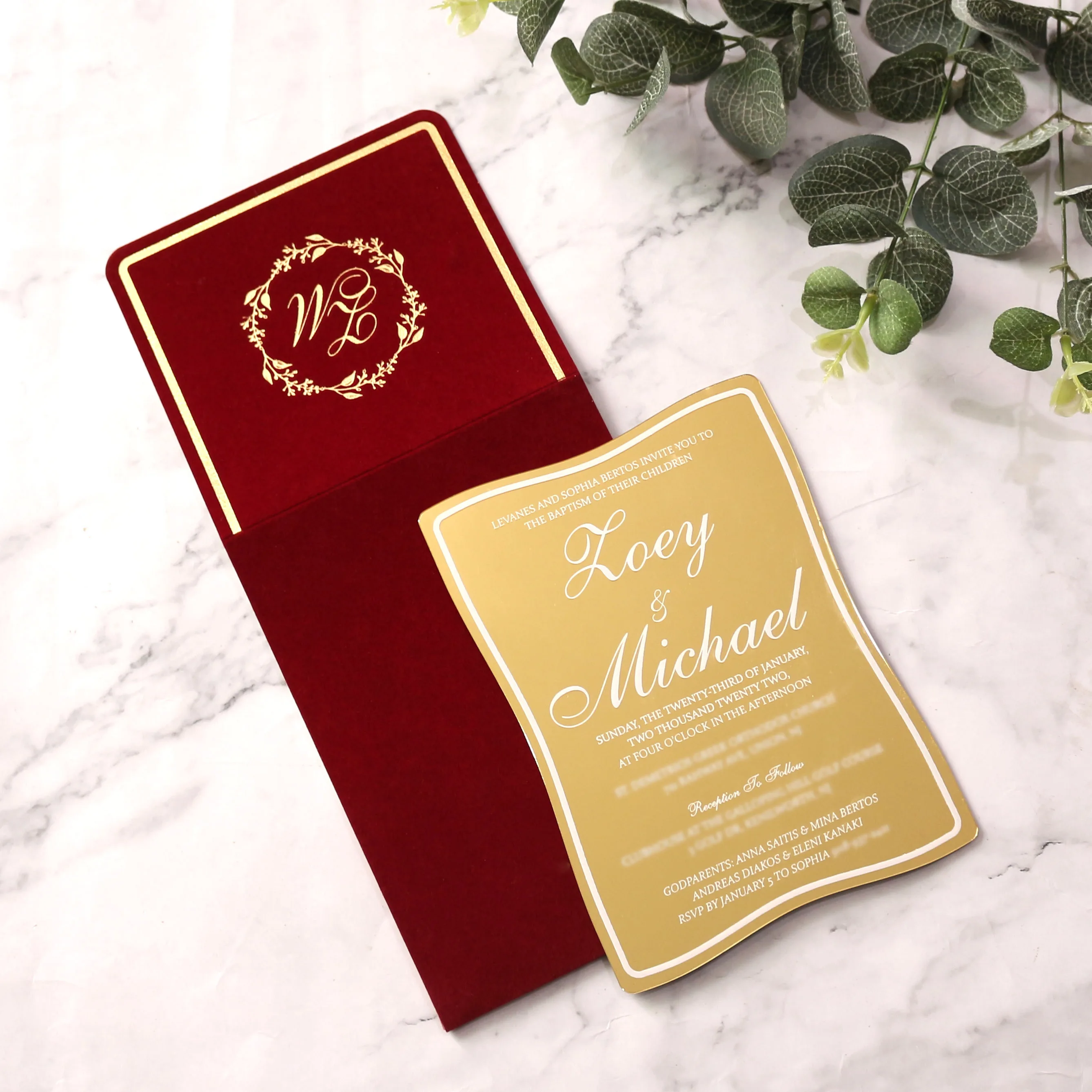 

Custom Logo Gold Mirror Acrylic with Gold Foiling Velvet Pocket Bridal Wedding Supplies Birthday Invitation Cards