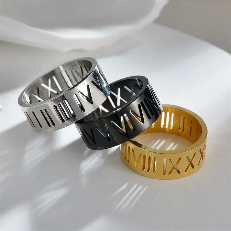 

Wholesale Designer Jewelry Luxury 18K Gold Roman Numeral Wedding Rings Fashion Letters 316L Stainless Steel Rings For Men